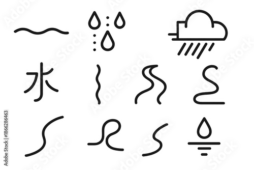 Water-Themed Line Icons. Line style icons of rain-water character systems: flowing mark, rhythmic droplet line, patterned rain