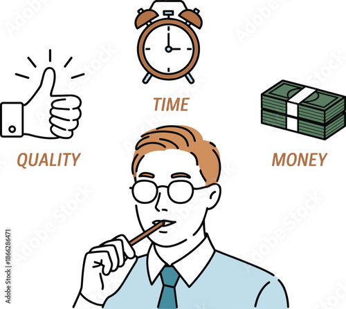 Business professional balancing quality, time, and money—illustrated concept of decision-making and project management priorities