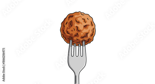 Simple and clean cartoon illustration of a single, freshly cooked meatball being held up on a silver fork, isolated on white.