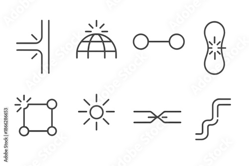 Luminous Repair Icons. Line style icons of a shining repair interface: luminous joint, curved repair grid, glowing link point,