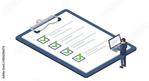 Isometric concept illustration of a businessman with a laptop completing an online survey or checklist on a giant clipboard.