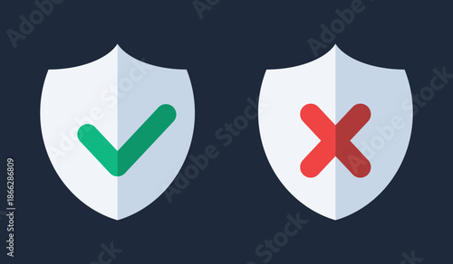 Flat style security shield icons set with green check mark and red cross for verification and protection status
