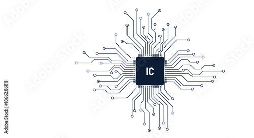 A schematic diagram of an integrated circuit microchip labeled 'IC', showing the complex network of conductive pathways connected to it.