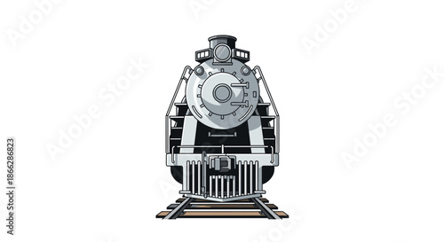 Front view illustration of a classic silver steam locomotive train positioned on a set of railroad tracks, isolated on white.