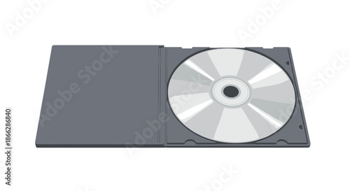 A simple illustration of a compact disc or DVD placed inside an open, dark gray plastic jewel case, viewed from an angle.