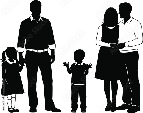 Black and white family silhouette collection, parents with children standing together, happy father mother daughter and son vector illustration, isolated on white,