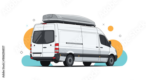 Rear three-quarter view of a white commercial cargo van with a large gray storage box mounted on the roof rack.