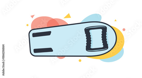 A colorful, flat design illustration of a blue bottle opener set against a background of abstract, playful geometric shapes.