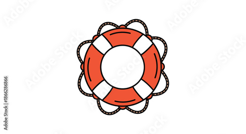 A simple, clean illustration of a red and white lifebuoy or life preserver with rope grab lines, ready for a rescue.