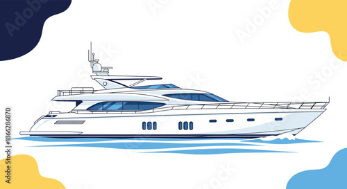 A sleek and modern luxury yacht sailing on blue water, illustrated in a clean, flat style with colorful abstract background shapes.