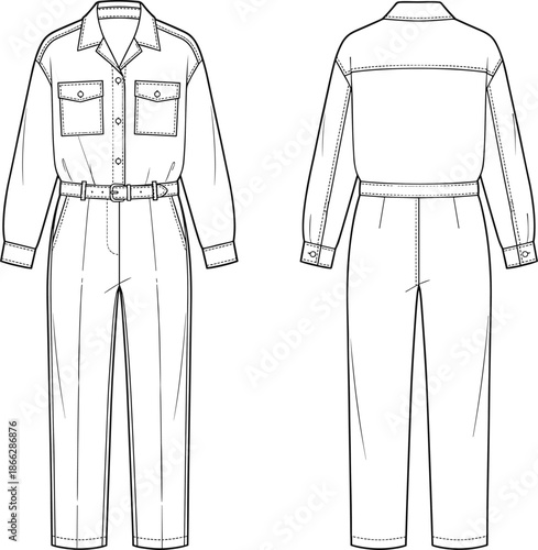 Technical fashion flat jumpsuit illustration, front and back view, long sleeve utility coverall design, women workwear apparel vector, clothing template, garment specification drawing