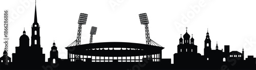 Black city skyline silhouette with stadium, cathedral and historic buildings, urban landscape vector illustration, sports arena and church architecture, isolated on white,