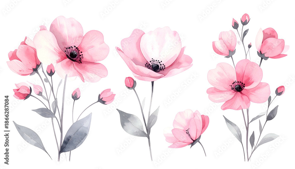 Fototapeta premium Delicate watercolor floral arrangement featuring pink flowers, buds, and green-gray leaves