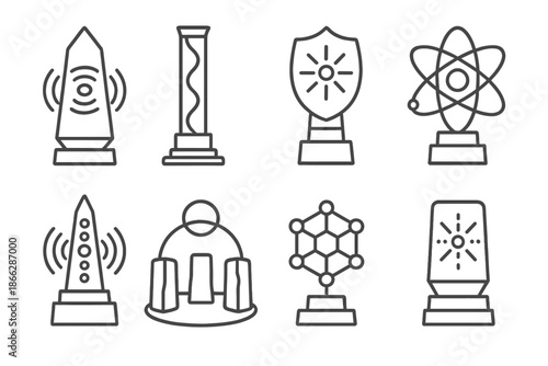 Quantum Monument Icons. Line style icons of quantum monument systems: energy field obelisk, wave-form pillar, photon stone crest,