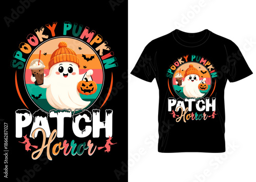 Spooky pumpkin patch horror t shirt design with ghost and pumpkin
