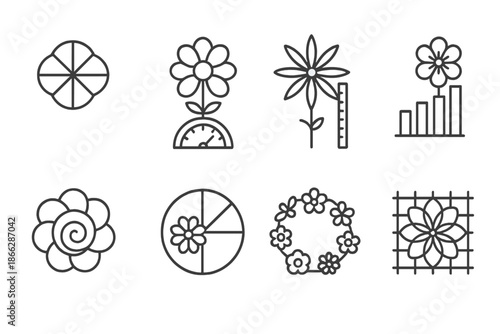 Floral Geometry Icons. Line style icons of flower head mathematics: petal division circle, bloom radius gauge, floral symmetry