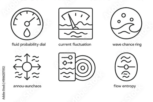 Aquatic System Icons. Line style icons of aquatic random systems: fluid probability dial, current fluctuation meter, wave chance