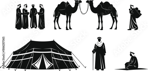 Black Middle Eastern desert life silhouette collection, Arab men with camels and traditional tent icons, nomad culture vector set, isolated on white,