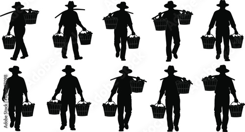 Black silhouette collection of farmers carrying heavy baskets of fresh vegetables, agricultural workers harvesting crops, organic farming village life vector illustration set,
