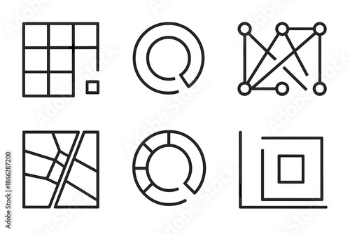 Fragmented Structural Icons. Line style icons of fragmented structural design: missing form grid, partial geometry ring,