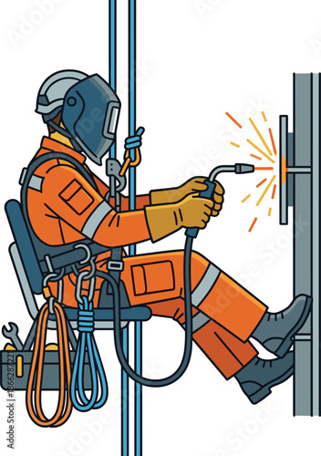 Industrial worker welding while suspended in safety harness with protective gear and tool bag illustration