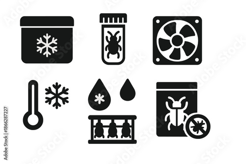 Insect Storage Icons. Solid style icons of insect cold storage: freezer box, specimen vial, insect silhouette, cooling fan,