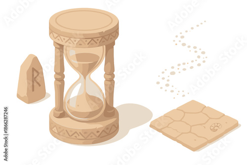 Chrono Desert Artifact. Isometric vector illustration set Chrono Desert Artifact: ancient hourglass, runic markings, dried sand