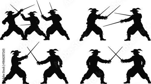 Black silhouette collection of musketeers dueling with swords, historical fencing warriors in combat poses, baroque soldier characters vector illustration for adventure design,