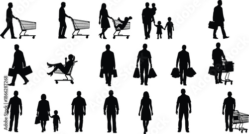 Black silhouette collection of people shopping with carts and bags, diverse families and customers in retail store, consumerism lifestyle vector illustration set,