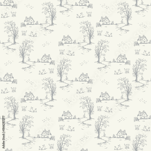 Elegant vintage-style seamless pattern featuring hand-drawn country cottages, trees, rabbits, and rolling landscapes in soft gray on a cream background. Square social media Easter banner template
