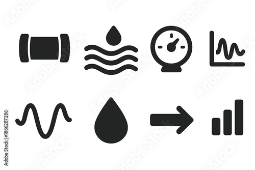 Hydraulic Flow Icons. Solid style icons of hydraulic flow dynamics: pipe channel, water stream, pressure gauge, frequency band,