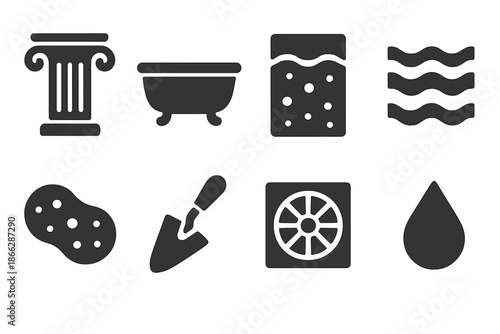 Classical Bath Icons. Solid style icons of classical bath layer analysis: marble column, bath bowl, sediment layer, stratigraphic