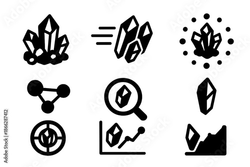 Crystal Swarm Icons. Solid style icons of swarm crystal study: clustered crystals, motion lines, energy dots, molecular path,