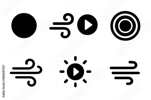Breezy Start Icons. Solid style icons of breezy start buttons: circular button, wind swirl, arrow icon, ripple mark, activation