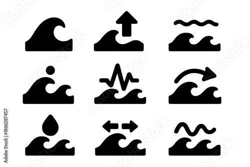 Wave Peak Icons. Solid style icons of wave peaks supporting actions: ocean crest, upward arrow, ripple line, pulse dot, motion