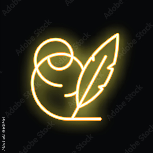 Bright yellow neon sign in the shape of a feather pen dipping into an inkwell, glowing on a black background