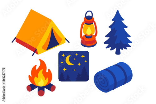 Starry Night Camping Scene. Isometric vector illustration set Starry Night Tent: triangular canvas tent, glowing lantern, night