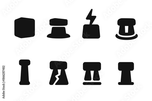 Miniature Megalith Icons. Solid style icons of miniature megaliths: small stone block, pedestal outline, pulse node, micro contour