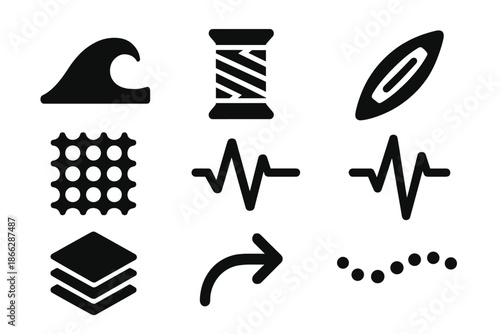 Oceanic Pattern Icons. Solid style icons of oceanic pattern creation: wave outline, thread spool, weaving shuttle, ripple grid,
