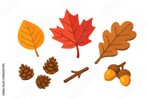 Autumn Leaf Icons. Isometric vector illustration set Autumn Leaf Pile: orange birch leaf, crimson maple, brown oak leaf, scattered