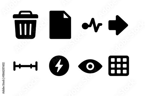 Waste Removal Icons. Solid style icons of waste removal logs: trash bin, document sheet, pulse dot, flow arrow, measurement line,