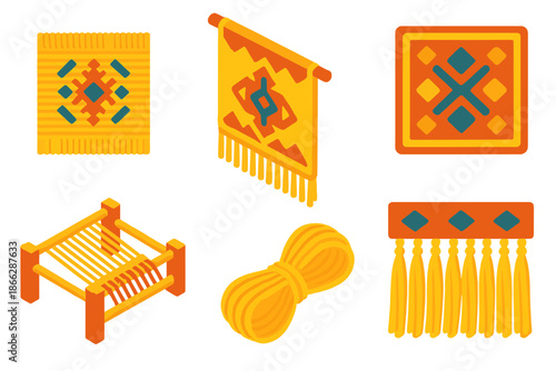 Saffron Tapestry Icons. Isometric vector illustration set Saffron Thread Tapestry: woven fabric section, hanging tapestry fragment