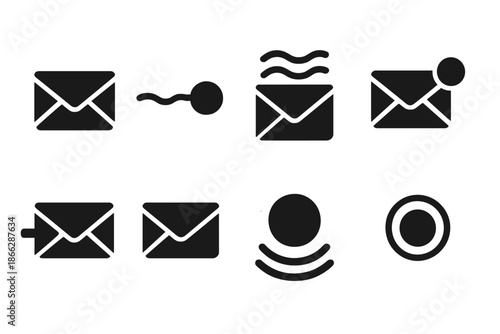 Quiet Message Icon Set. Solid style icons of a quiet message indicator: envelope icon, pulse dot, flow line, subtle waves, energy