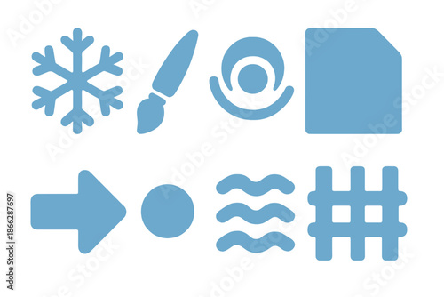 Frost Art Tools Icons. Solid style icons of frost art tools: snowflake icon, brush tip, pulse circle, canvas sheet, directional