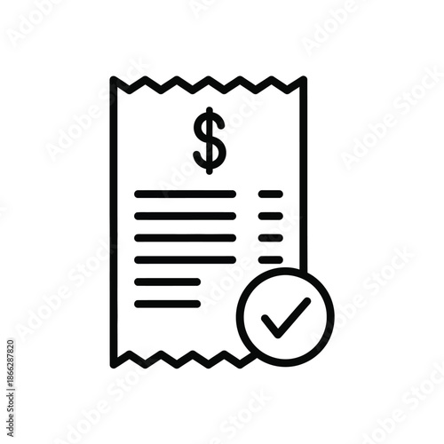 Vector illustration icon a black and white icon of a receipt with a dollar sign and a checkmark on isolated