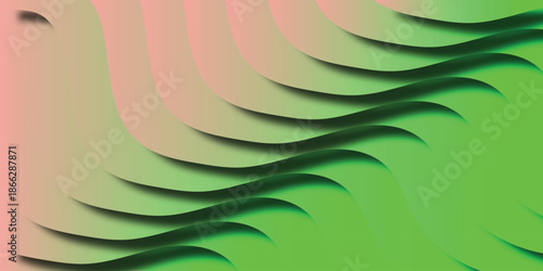 Smooth flowing wavy layers with soft shadows and a gradient from pale pink to vibrant green, creating a dynamic and organic abstract background for design and presentation purposes Keywords
