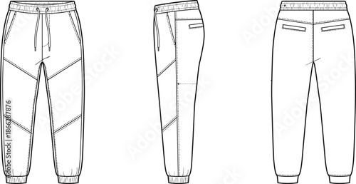 Technical jogger pants vector, front side back view, fashion flat sketch, sportswear trousers design, elastic waist casual pants, apparel technical drawing illustration