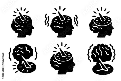 Neural Sundial Icons. Solid style icons of a sundial activated by thought and tremor: brainwave solar dial, vibration-reactive