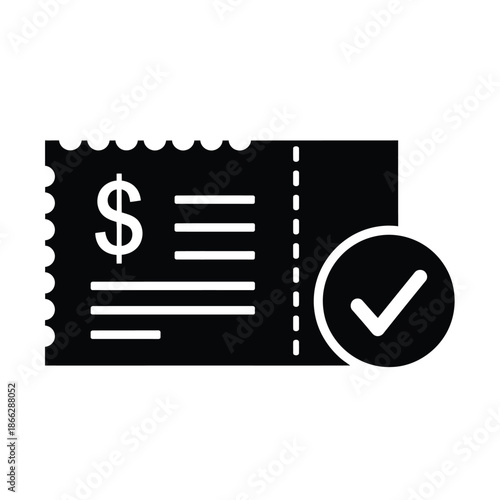 Vector illustration icon a black and white icon of a validated invoice or receipt with a checkmark on isolated