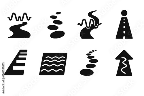Harmonic Terrain Icons. Solid style icons of harmonic terrain trails: vibration-marked path, cadence-guided stones, oscillating